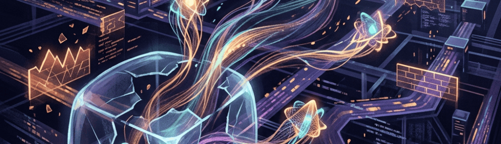 Cracked digital sphere sending luminous data streams through a futuristic cyber city
